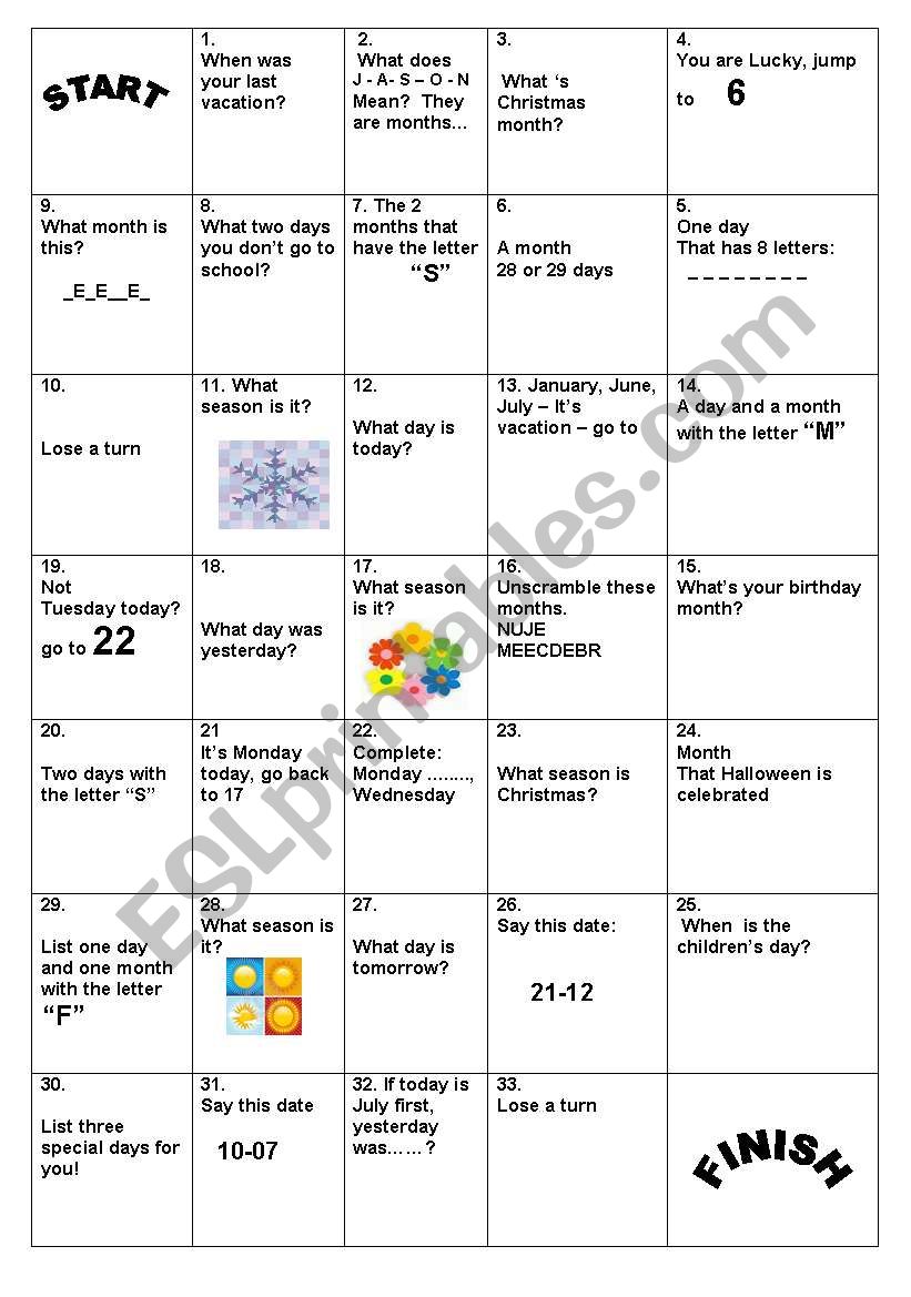 days and seasons board game worksheet