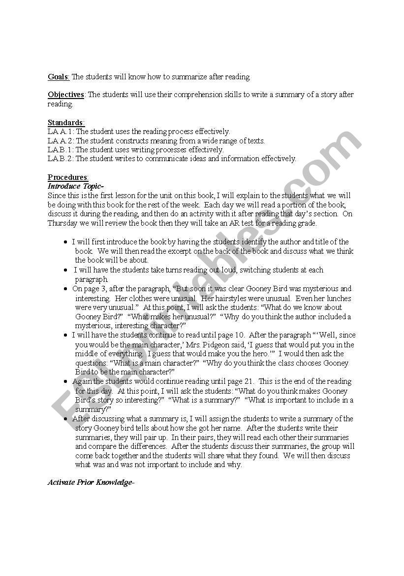 Gooney Bird Greene worksheet