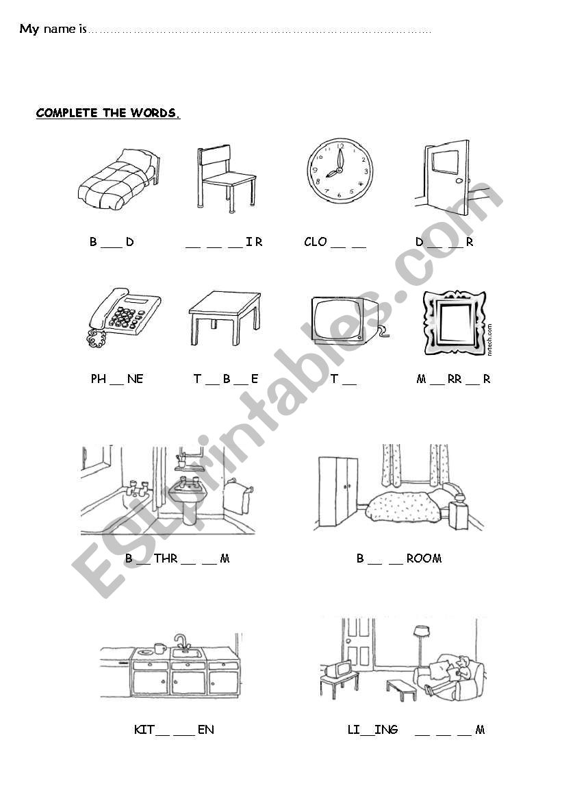 House: complete the words worksheet