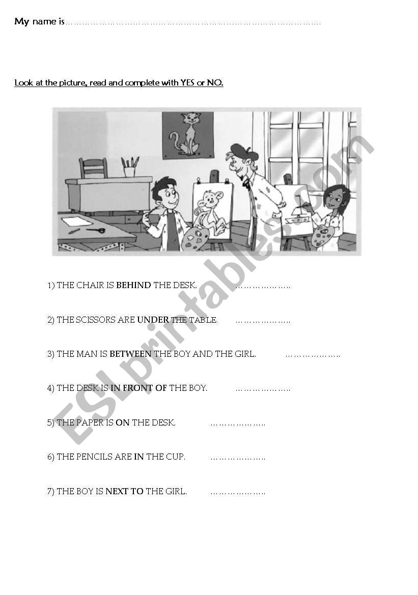 Prepositions- write YES or NO worksheet
