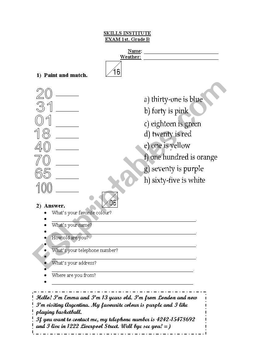 Elementary exam worksheet