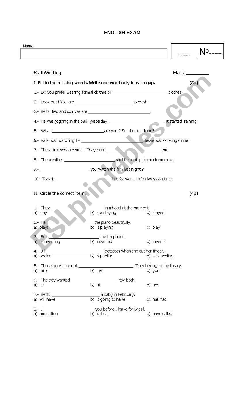 English Exam worksheet