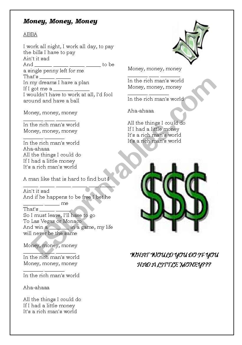 Песня мани мани на английском. Money текст. Money money текст. Money ABBA Worksheet. Money money money ABBA текст.