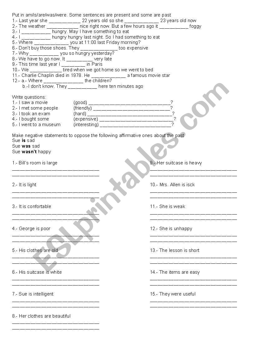 Past verb to be worksheet