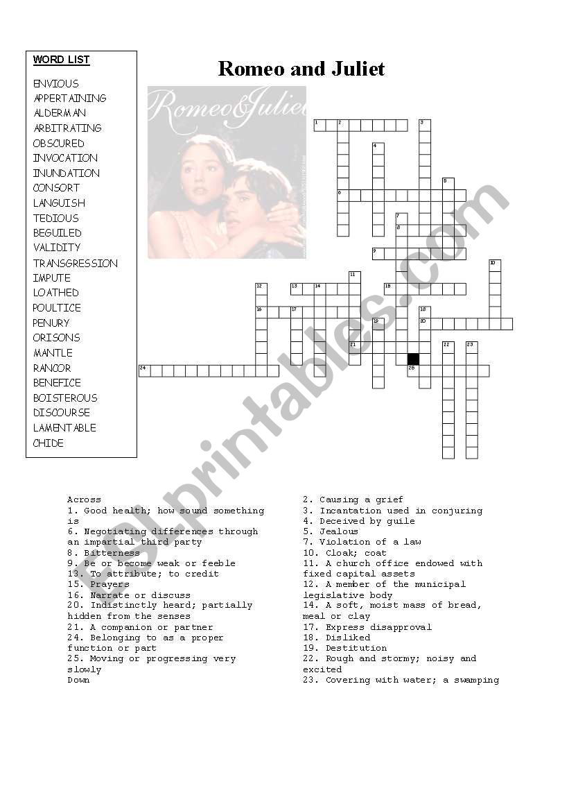 Romeo and Juliet crossword worksheet