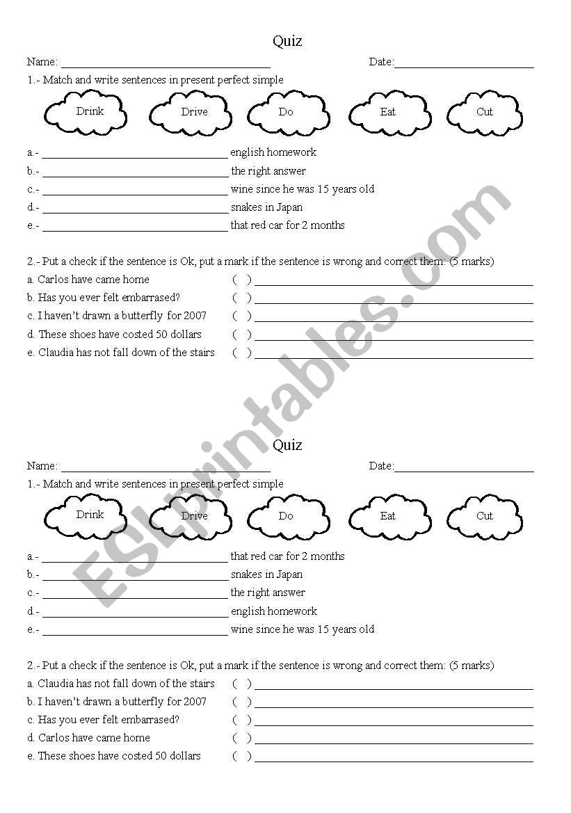 Present perfect worksheet