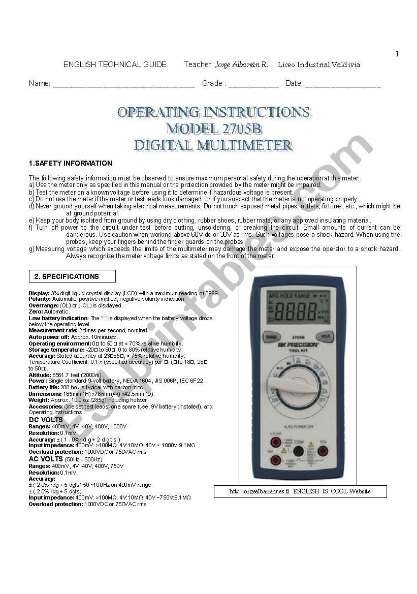 Multitester Instructions worksheet