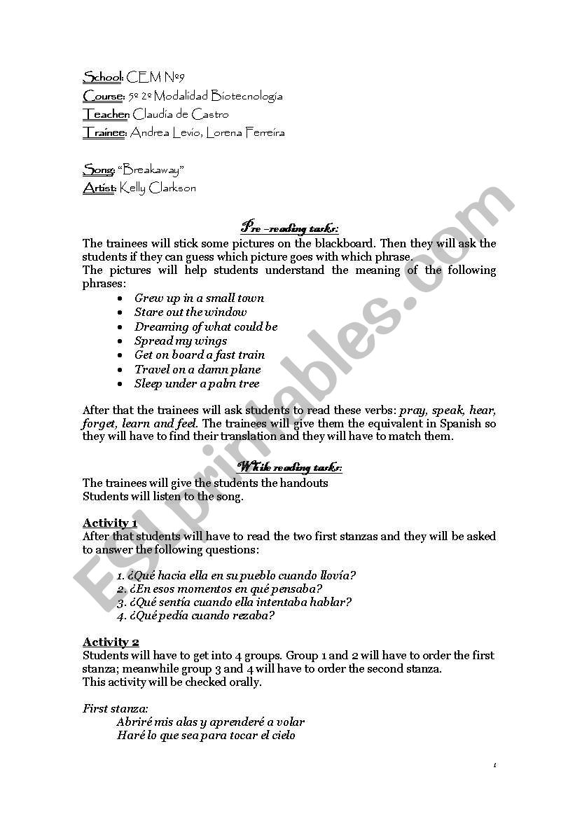 Working with a song worksheet