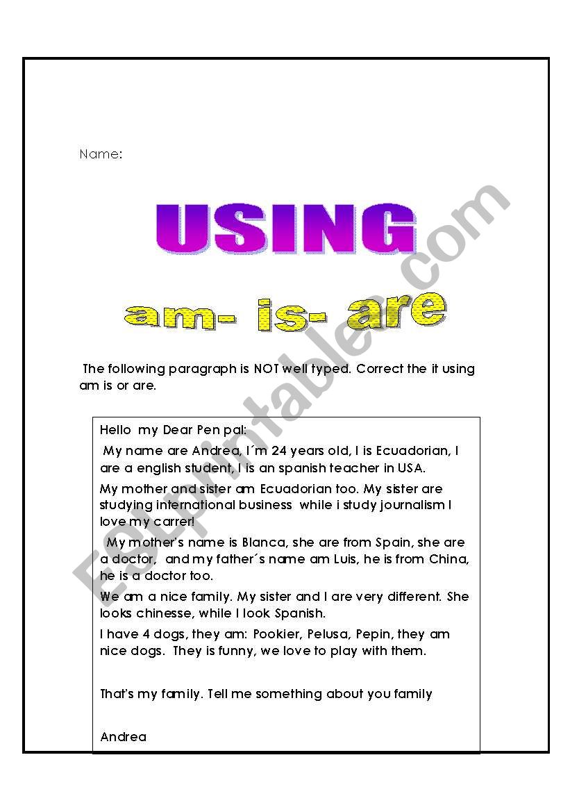 using am is or are worksheet