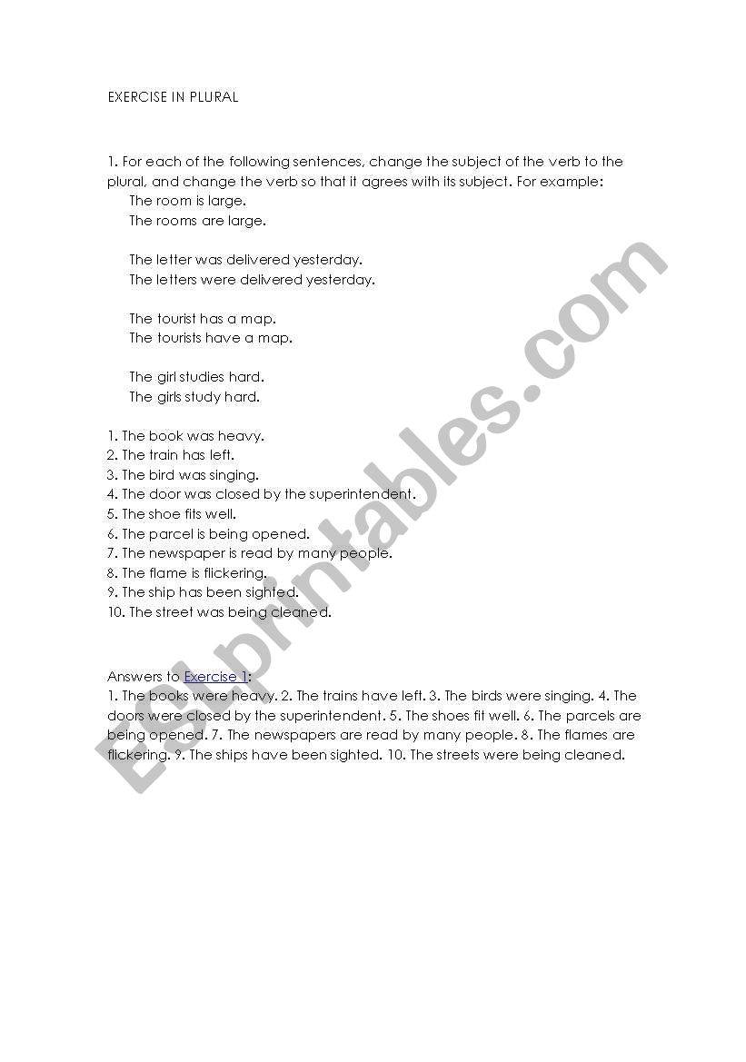 EXERCISE IN PLURAL worksheet