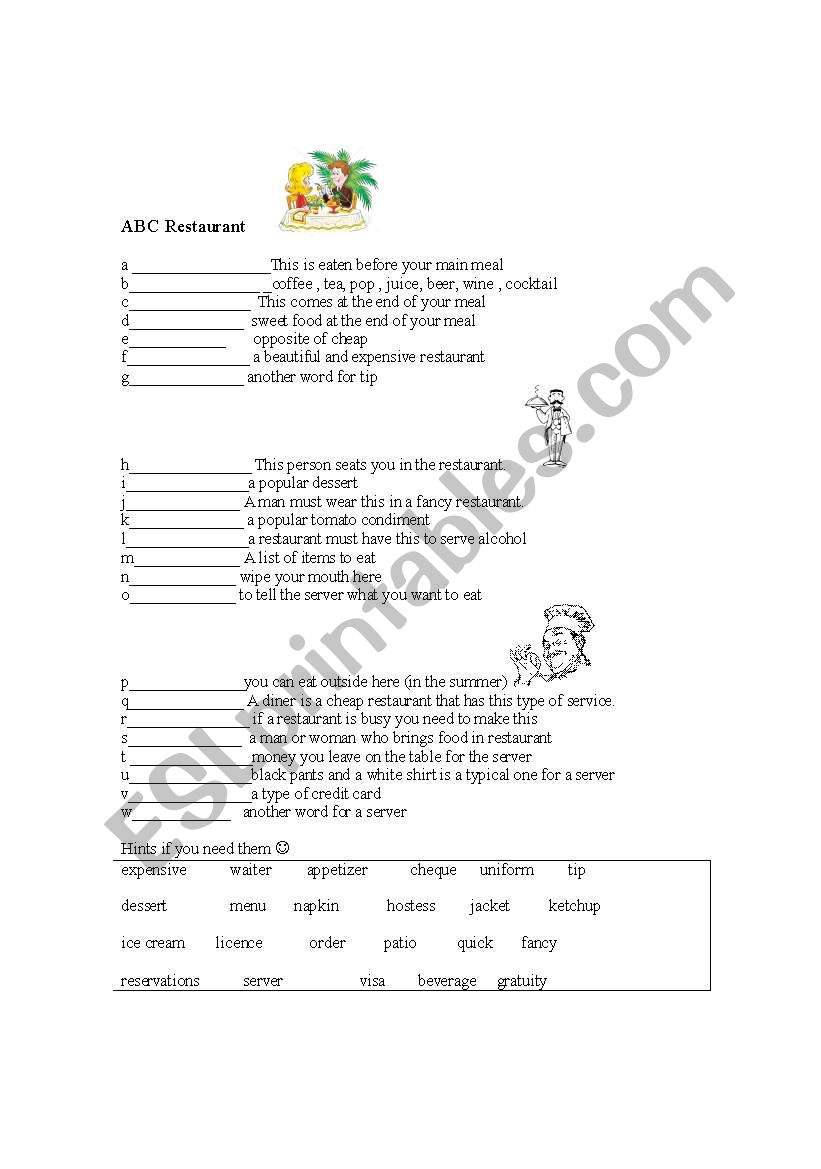 ABC Restaurant worksheet