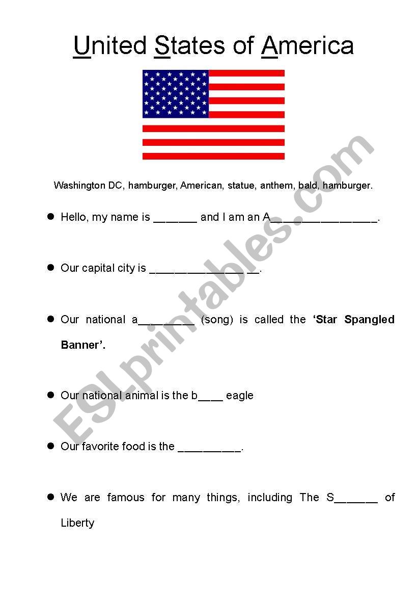 Introduction to the USA worksheet