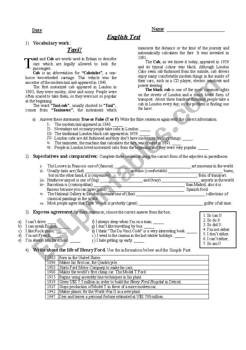 Simple Past Test worksheet