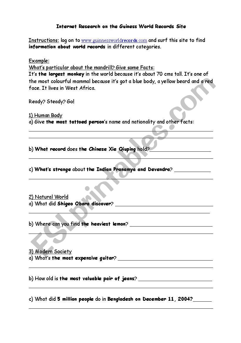 Guiness World Records Internet research worksheet 