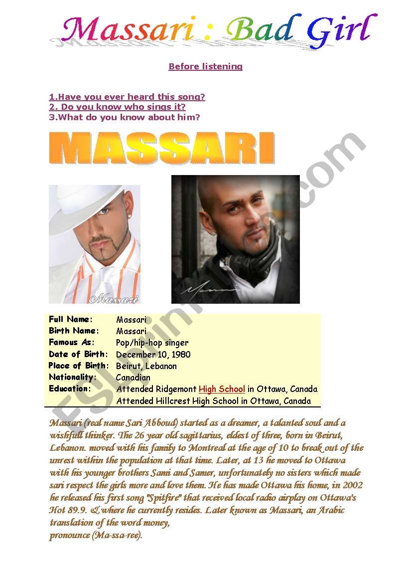 Massari-bad girl worksheet