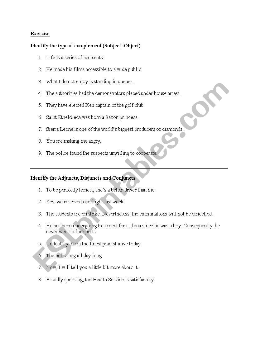 complements (direct/indirect) worksheet