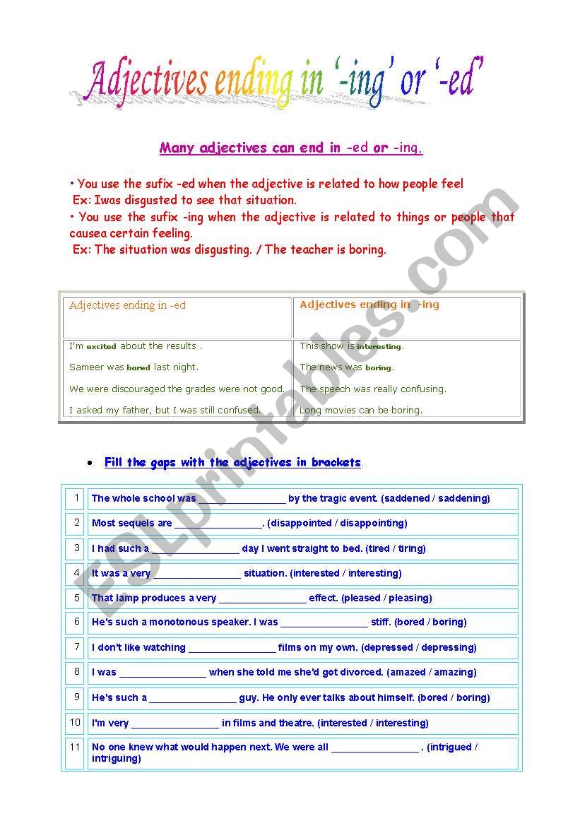 Adjectives ending in  -ing and -ed