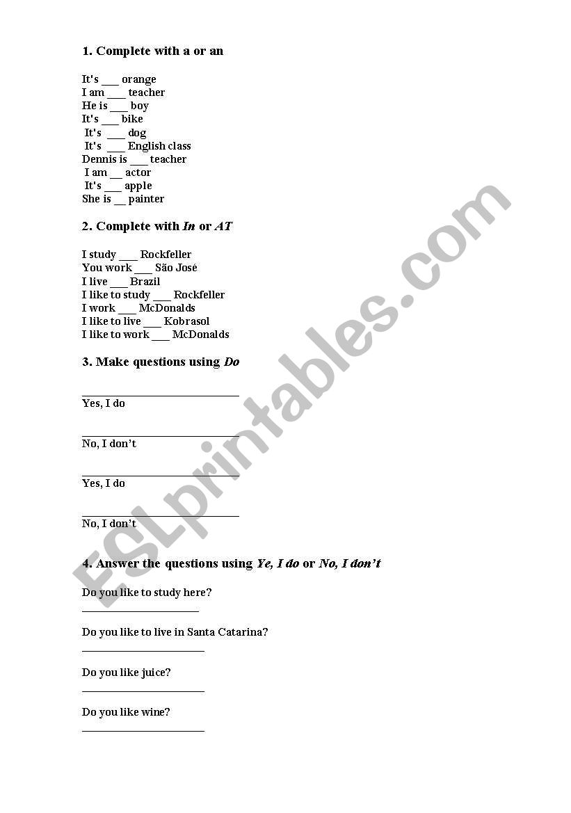 In/at A/an simple present exercises