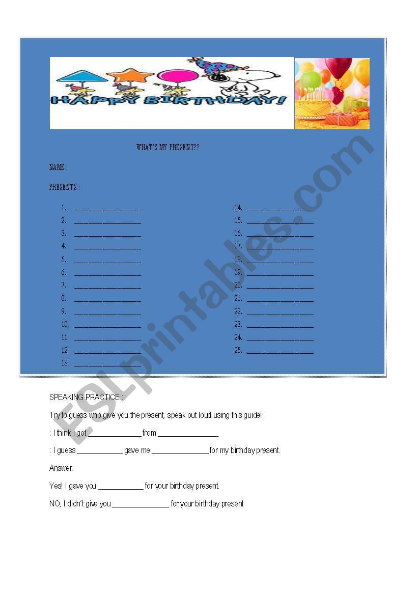 BIRTHDAY PRESENT SPEAKING EXERCISE