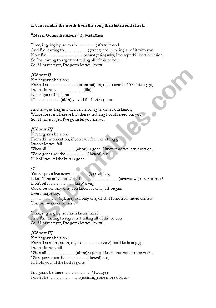 song - never gonna be alone worksheet