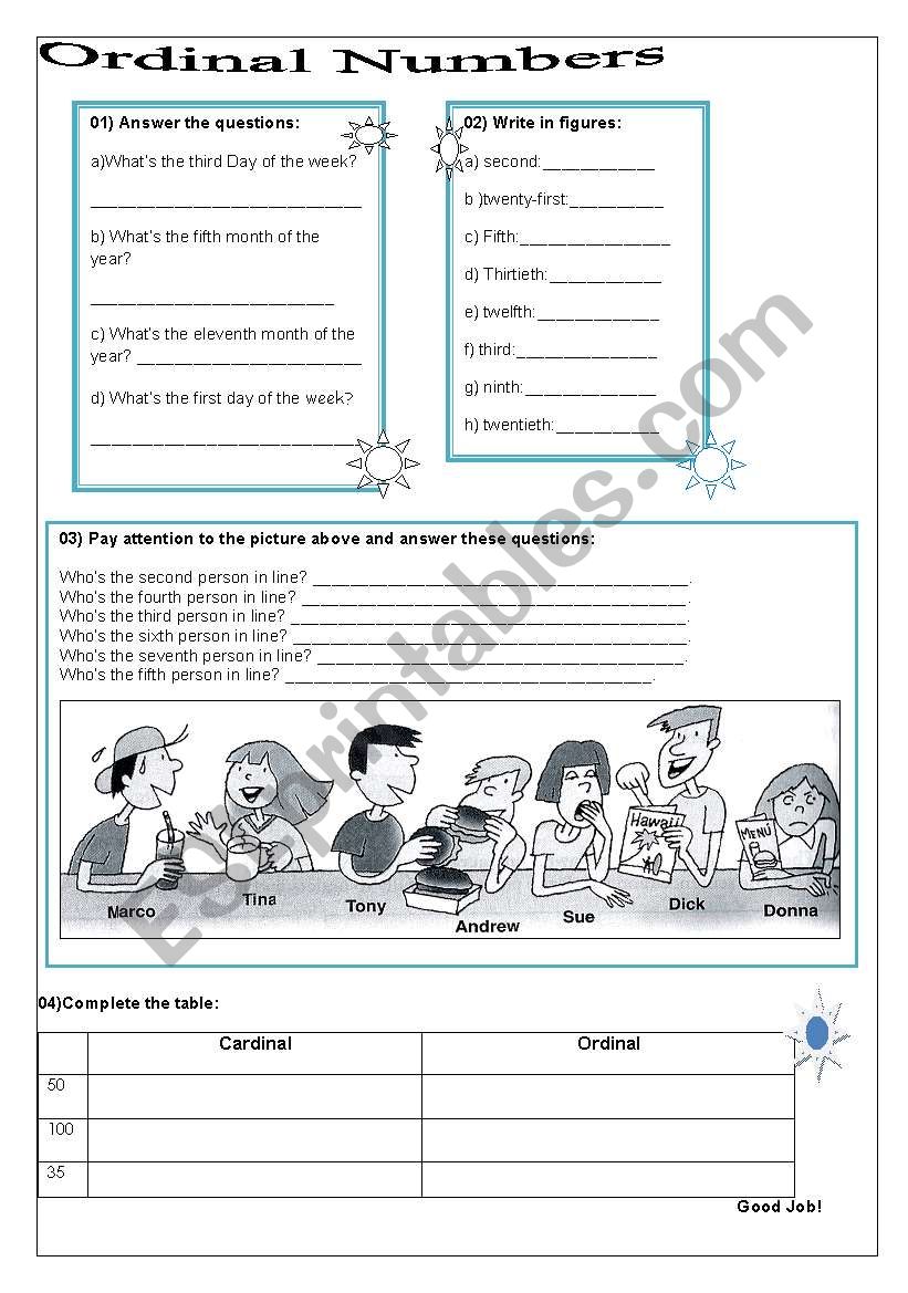 ordinal numbers worksheet