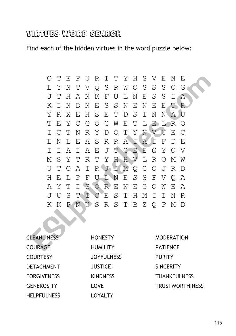 Virtues Word Search worksheet