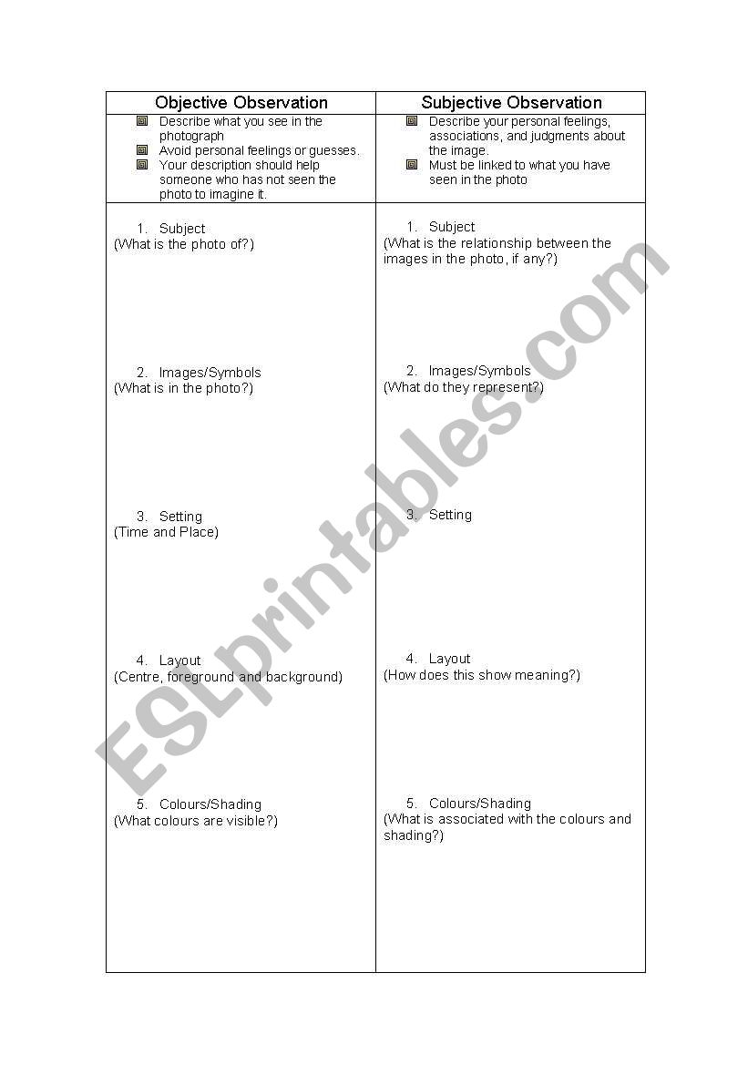 Visual Literacy worksheet