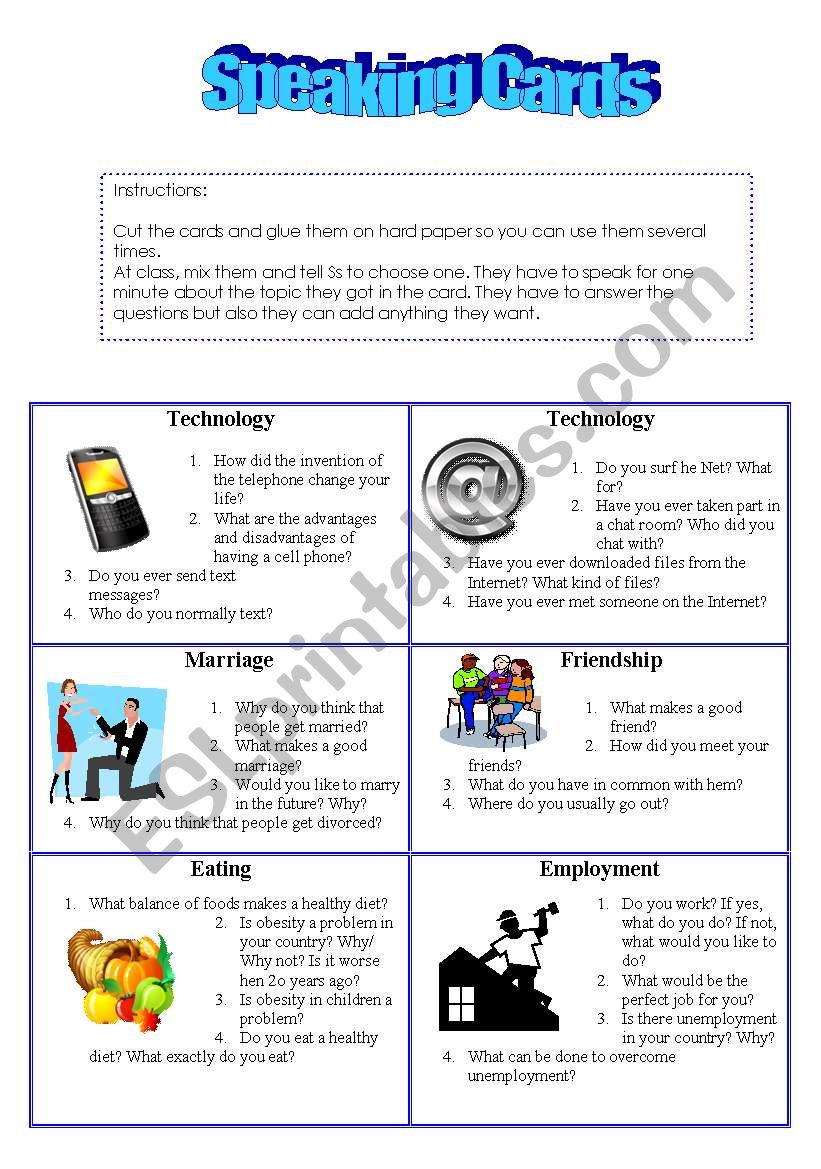 Speaking cards worksheet