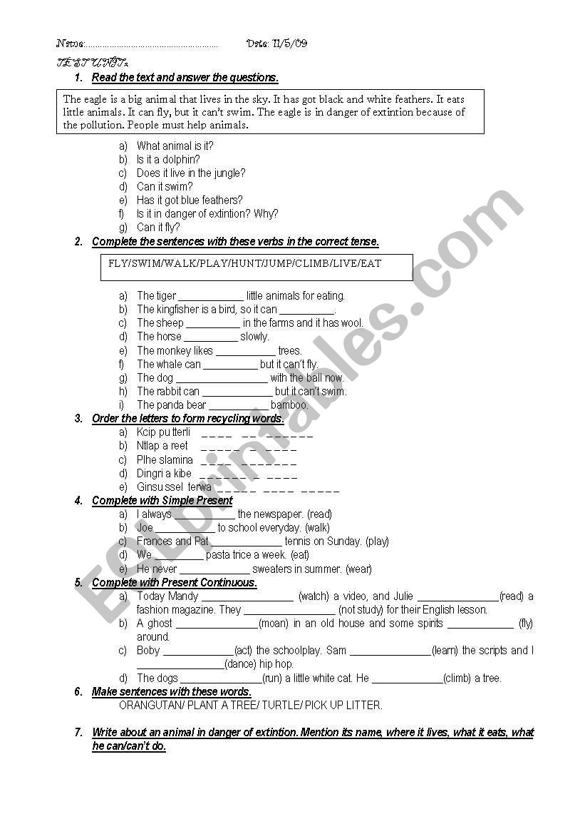 Test about animals worksheet