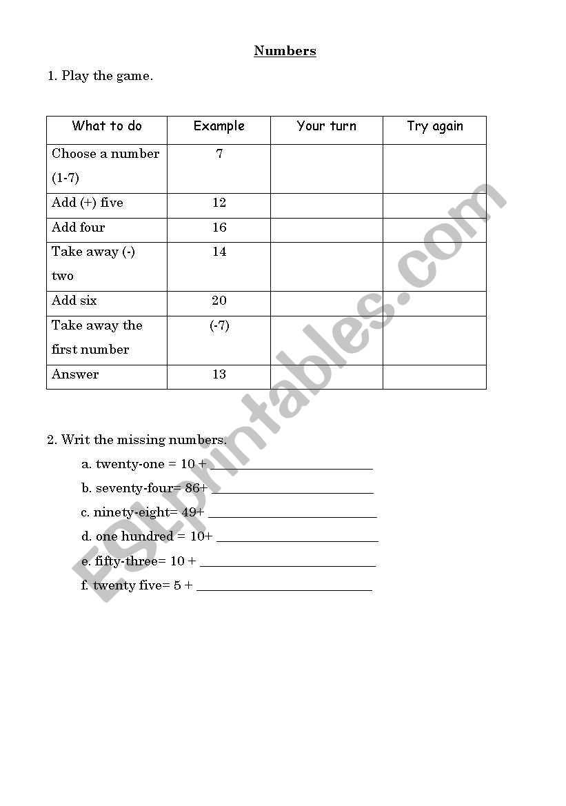 Numbers-game worksheet