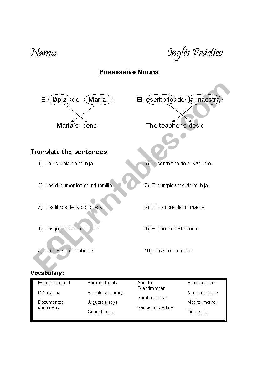 Possessive (English/Spanish) worksheet
