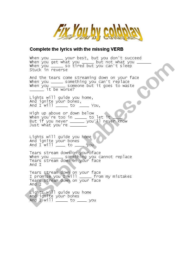 Song fix you (coldplay) worksheet