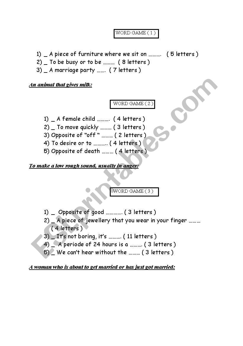 word game (vocabulary) worksheet