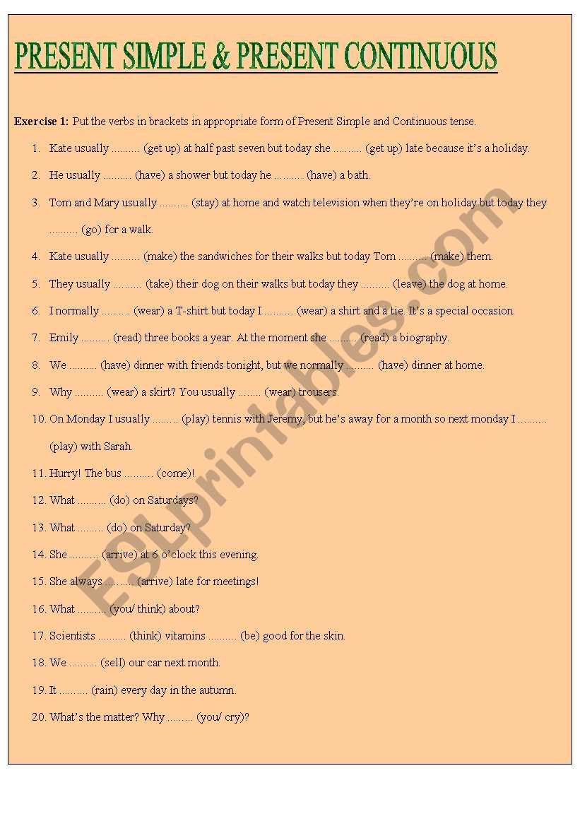Present Simple and Continuous worksheet