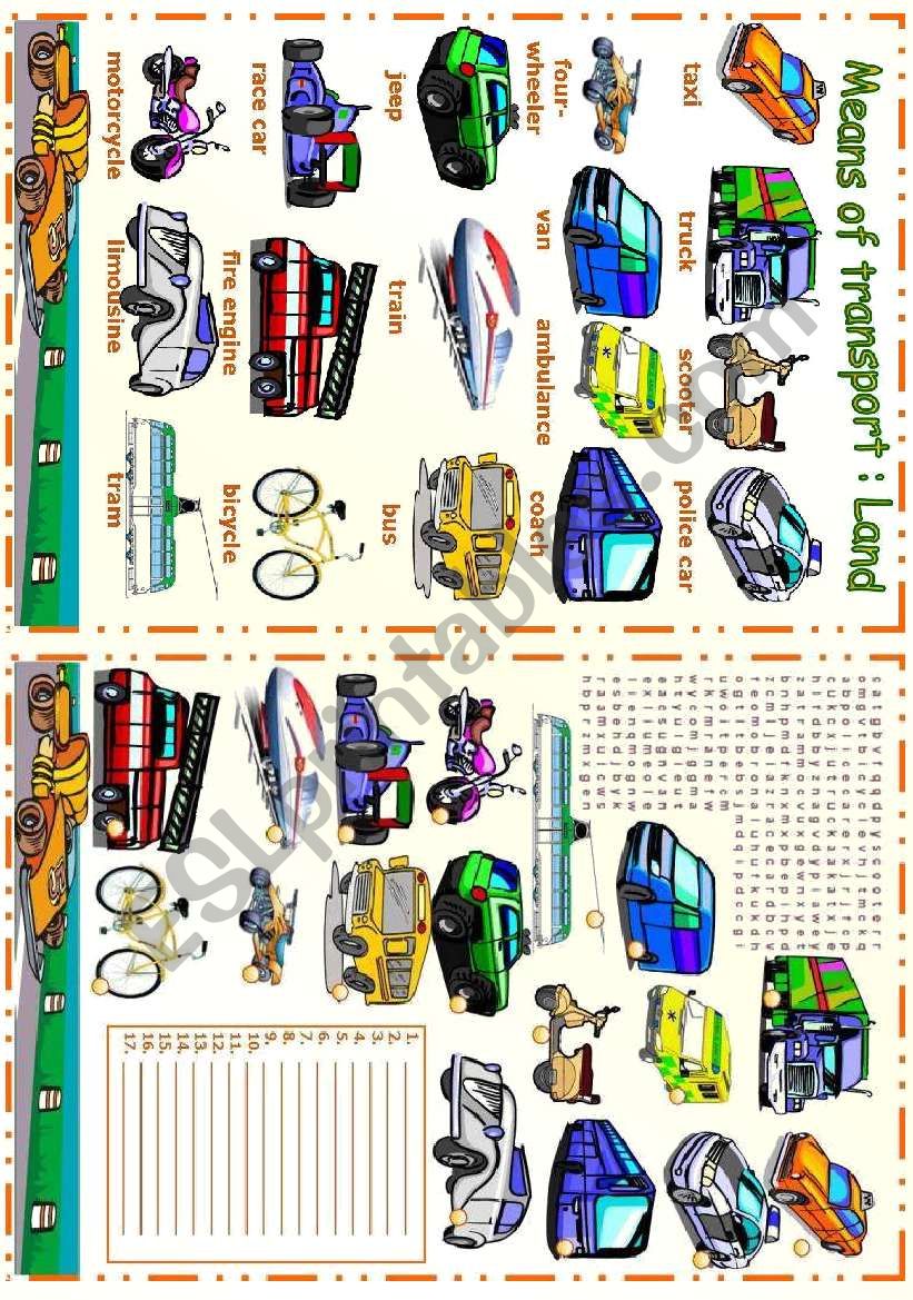 Means of transport - Land worksheet