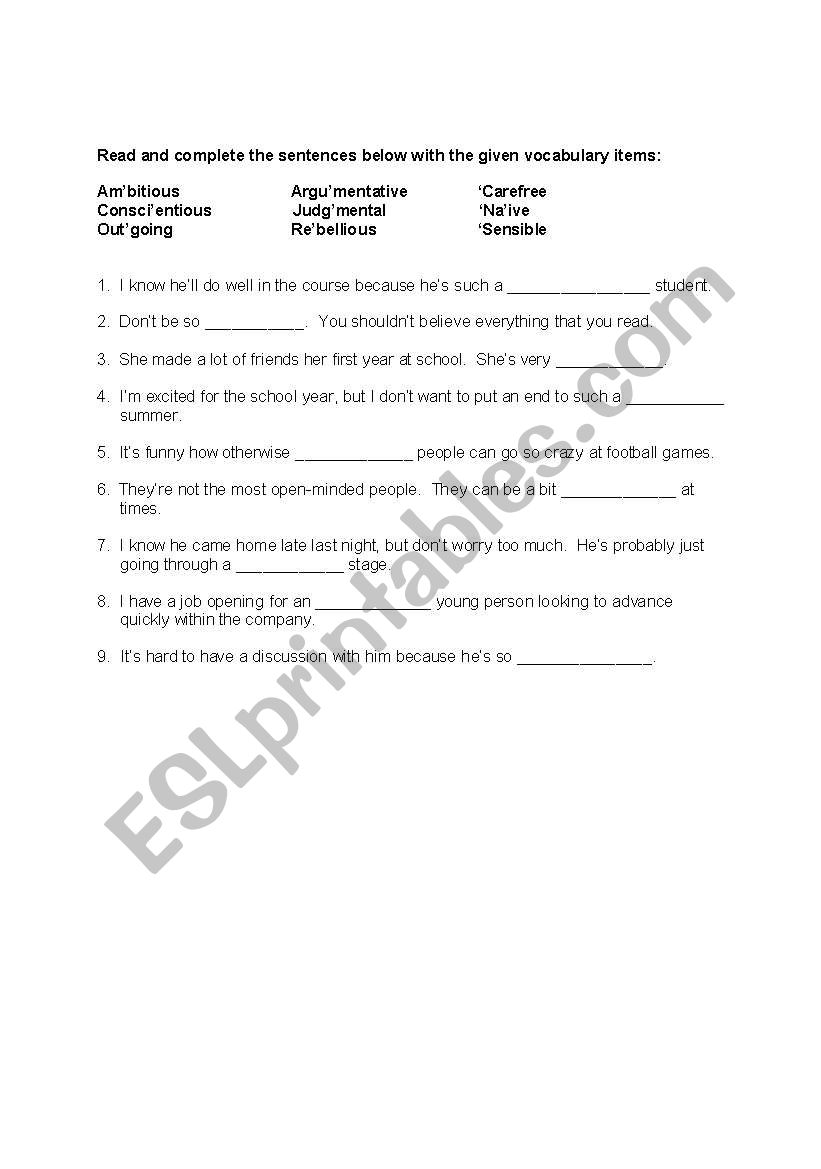 personality and behavior vocabulary gap fill
