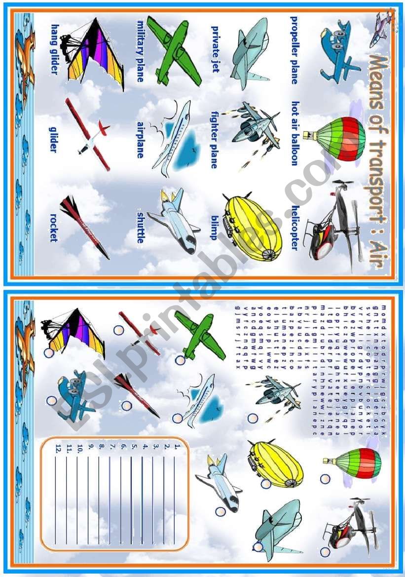 Means of transport - Air worksheet