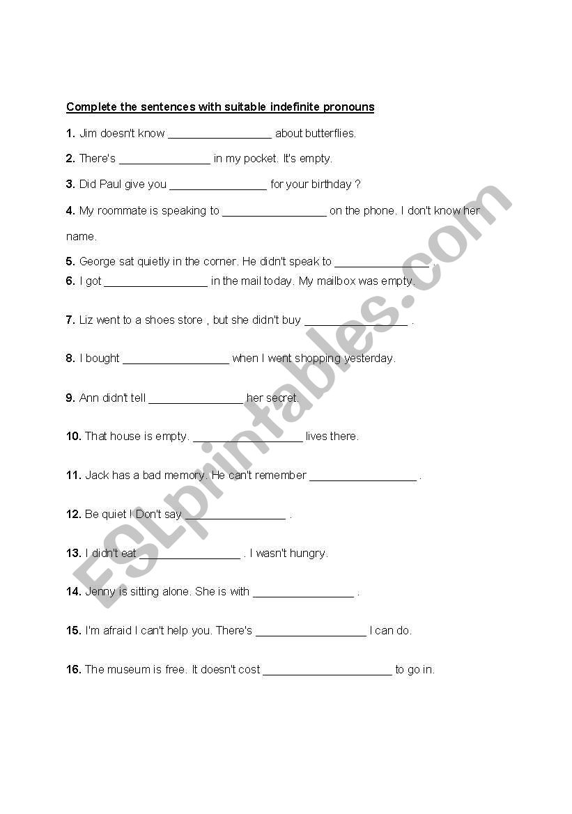 indefinite pronouns worksheet