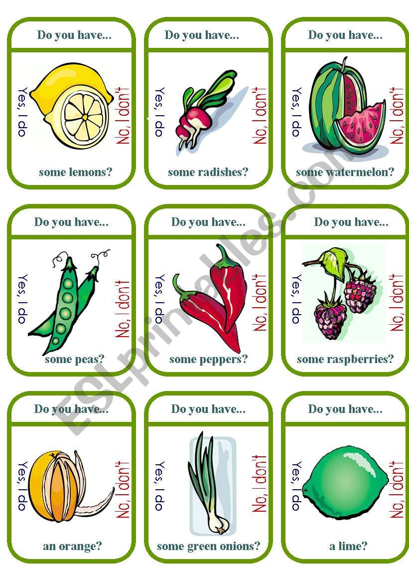 Fruit or Vegetable Game Cards worksheet