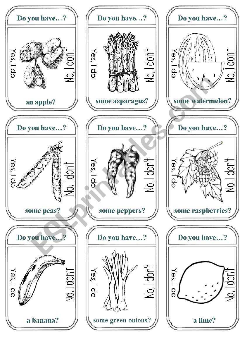 Fruits or Vegetables Game Cards (B&W)