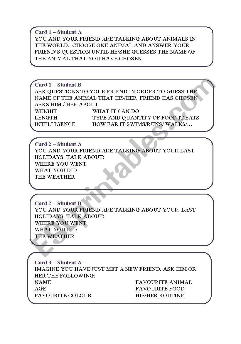 Speaking activities -  worksheet