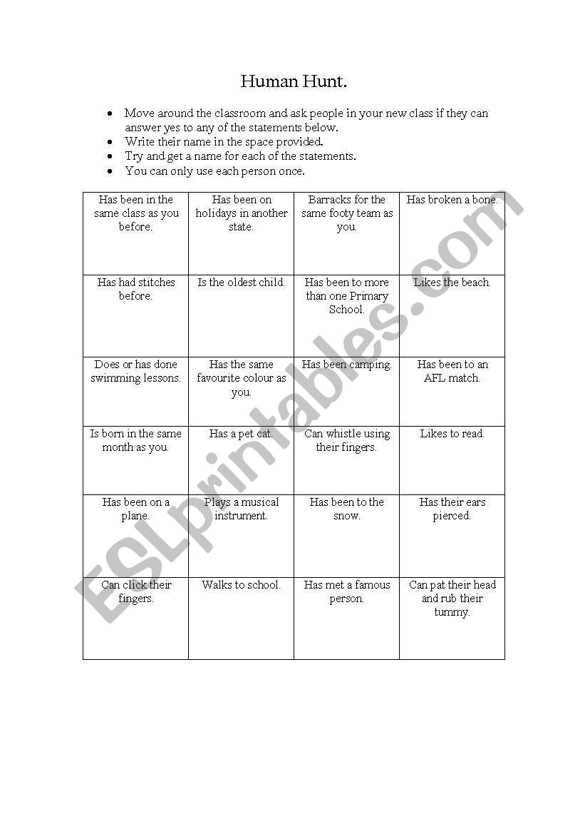 Human Hunt worksheet