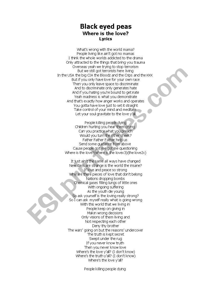 where is the love? work worksheet