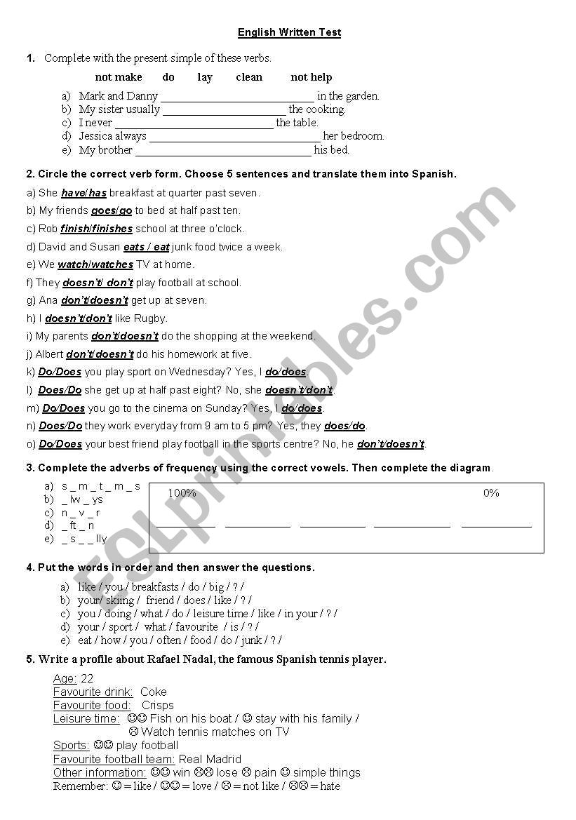 Simple present test worksheet