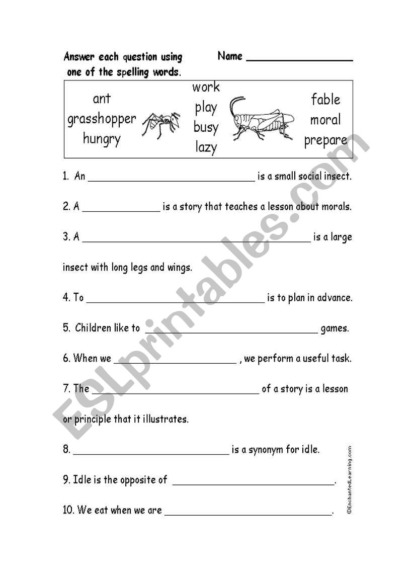 3 worksheets on THE ANT AND THE GRASSHOPPER