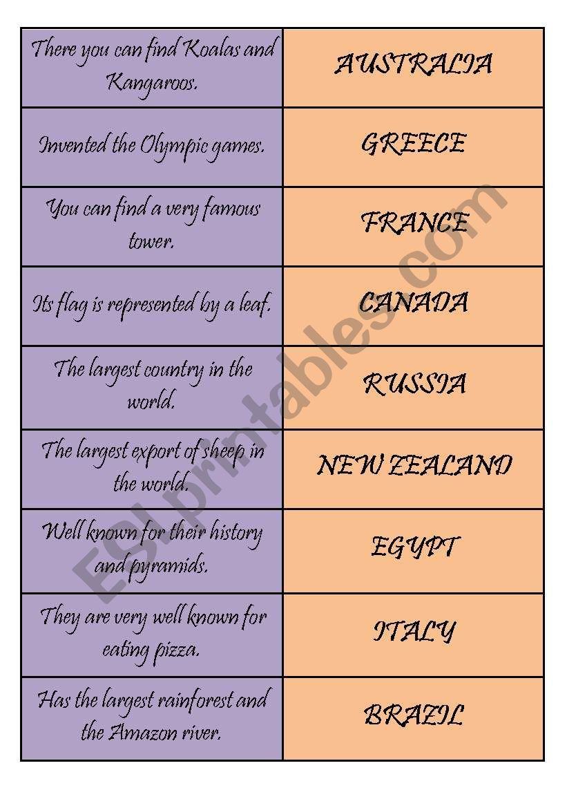Countries & Definitions worksheet