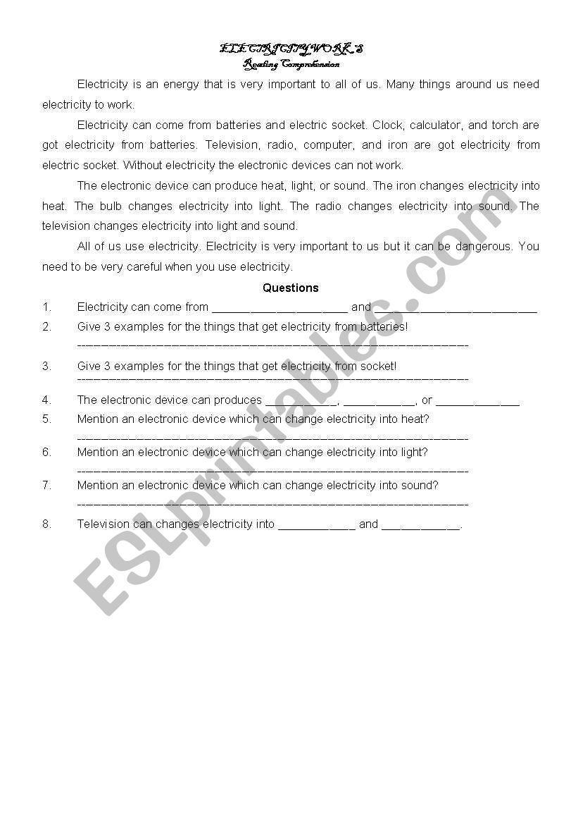 ELECTRICITY WORKS worksheet