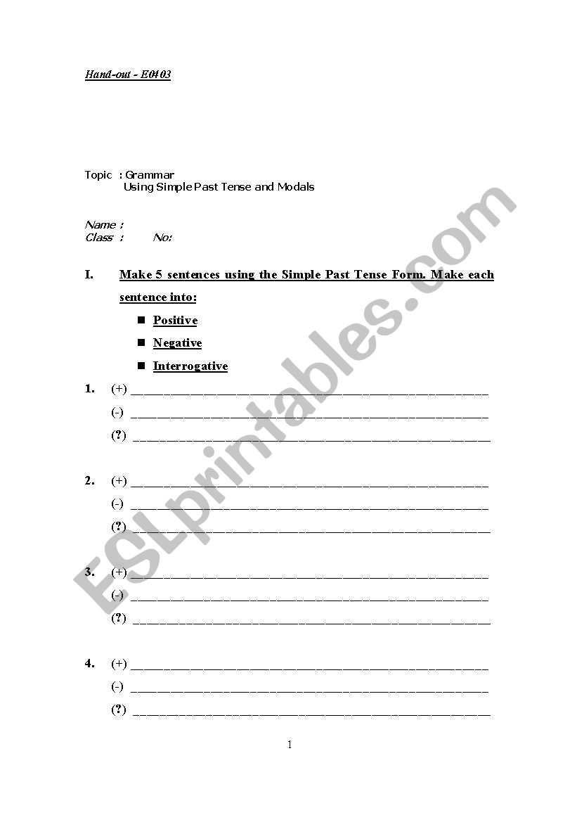 Past Tense - Modals Exercises worksheet