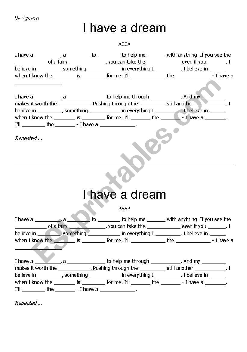 I have a dream ABBA ESL worksheet by vinny4ever