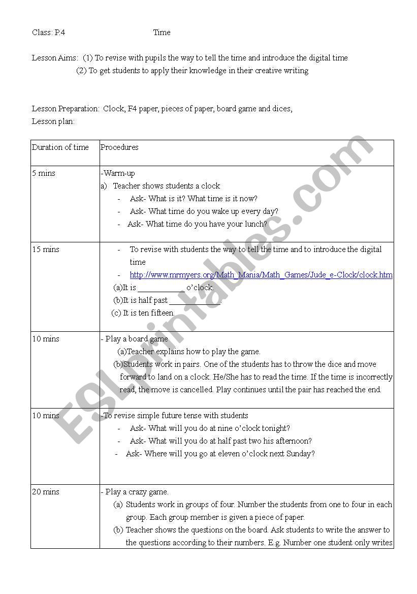 lesson plan ( TIME ) worksheet